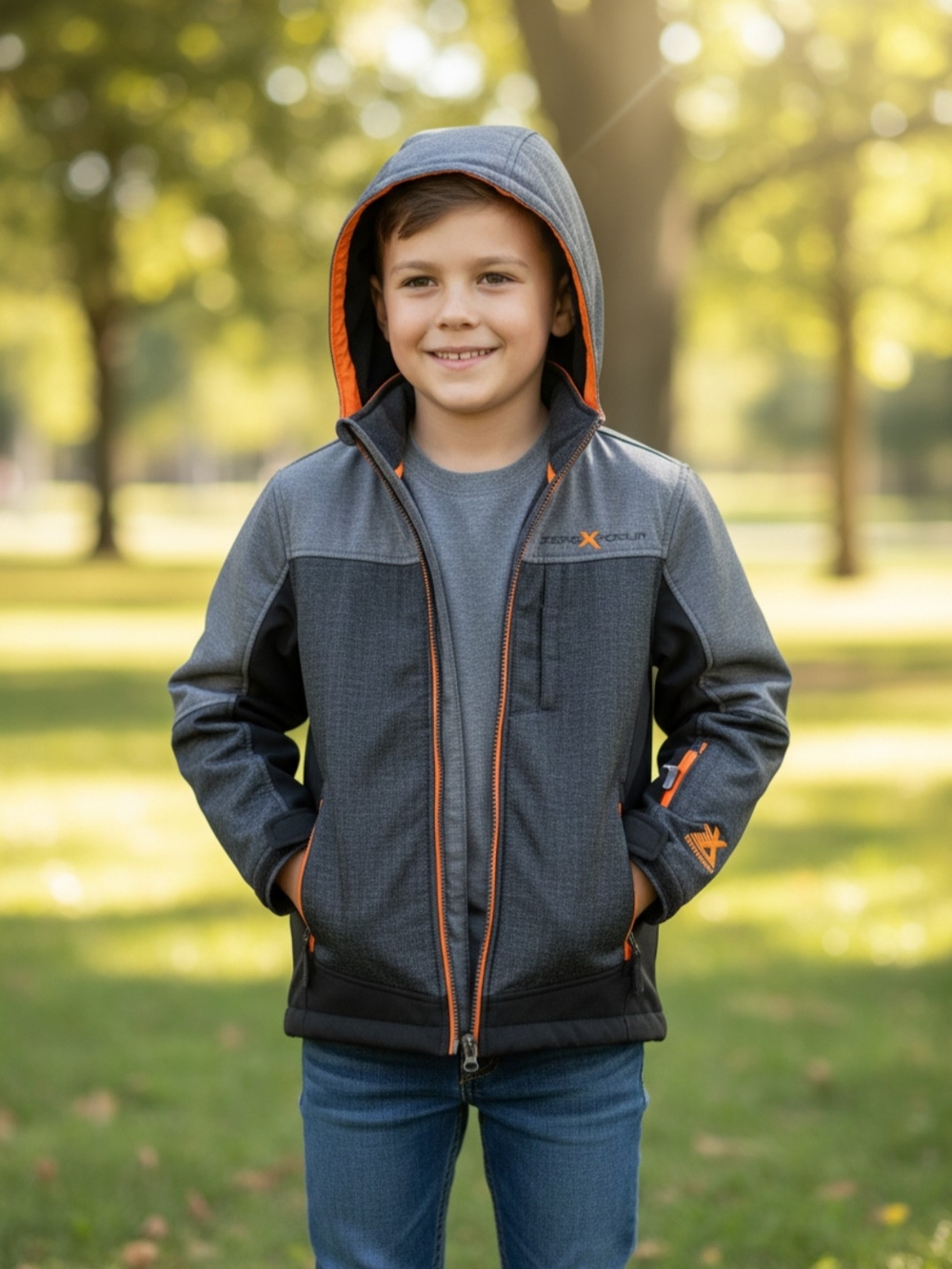 ZeroXposur Boys' Hooded Softshell Jacket in Gray with Orange Accents